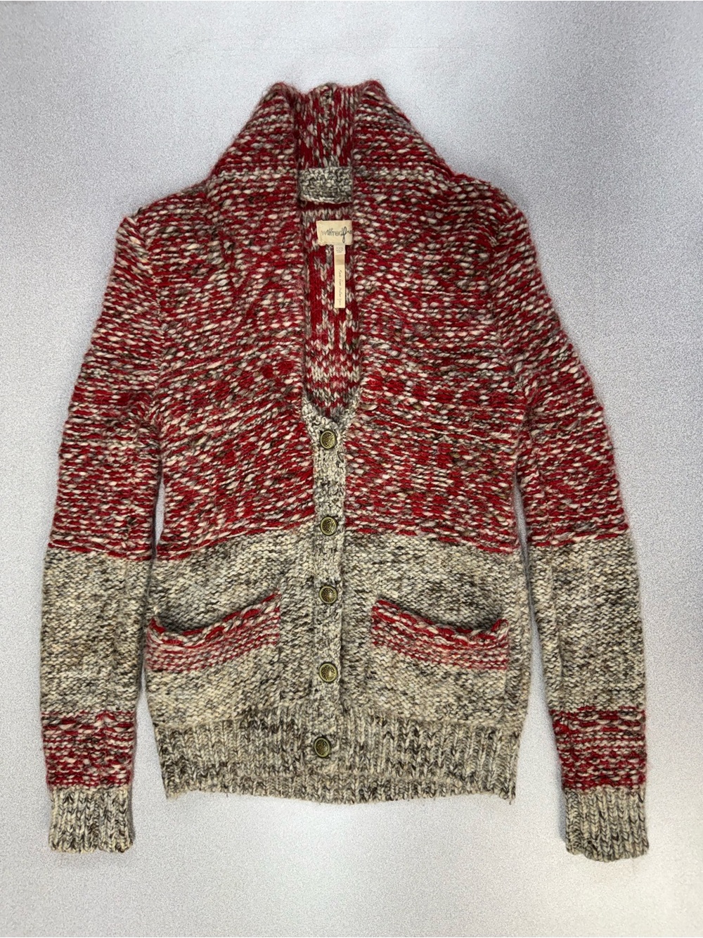 Wilfred Free Shawl Collar Red & Cream Marled Knit Cardigan Sweater Alpaca Wool